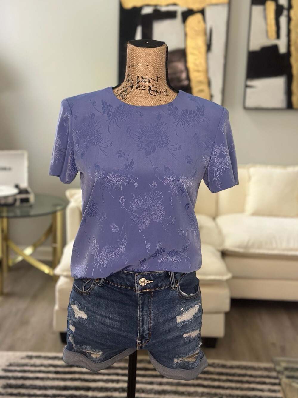 Vintage Purple Floral Satin Short Sleeve Blouse